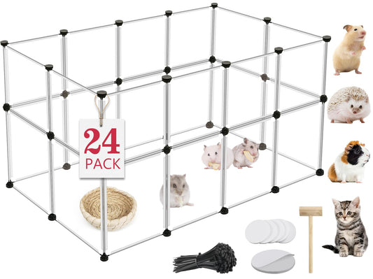 24 Panels Portable Small Animals Playpen,48" X 24" X 28" Transparent Pet Playpen,Plastic Enclosure,Puppy Play Pen for Indoors Outdoor Pet Fence for Guinea Pigs,Bunny,Ferrets,Hamsters,Hedgehogs