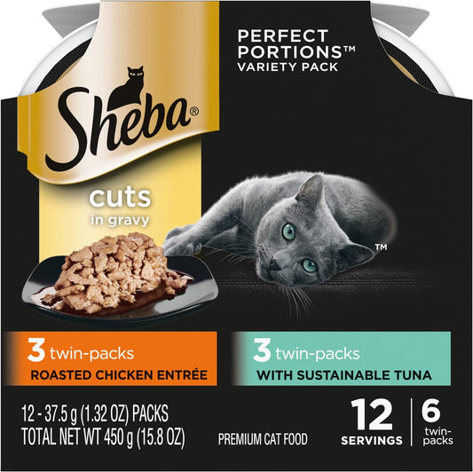 SHEBA Perfect Portions Cuts in Gravy Wet Cat Food Trays (12 Count, 24 Servings), Signature Tuna and Roasted Chicken Entrée, Easy Peel Twin-Pack Trays