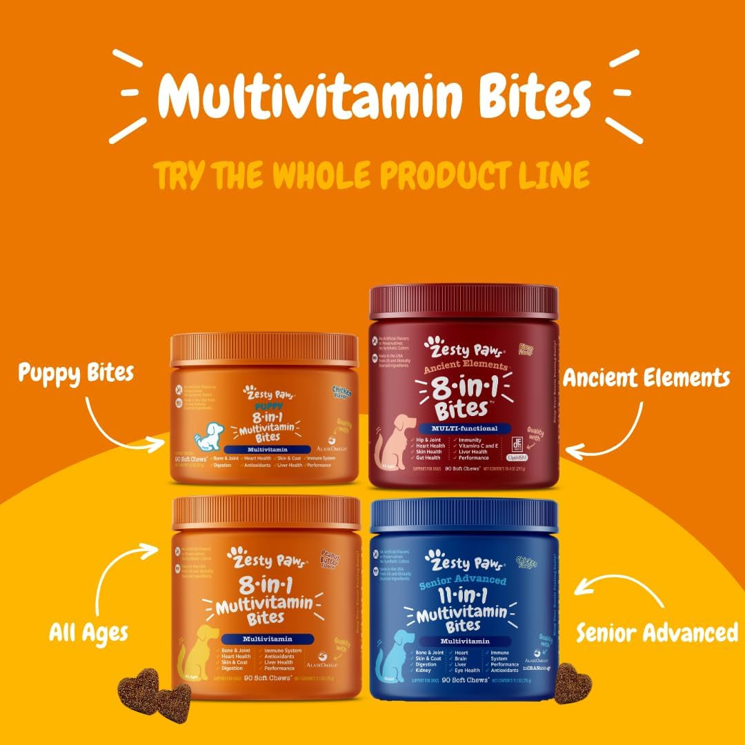 Zesty Paws Multivitamin Treats for Dogs - Glucosamine Chondroitin for Joint Support + Digestive Enzymes & Probiotics - Grain Free Dog Vitamin for Skin & Coat + Immune Health - Beef - Advanced - 90Ct