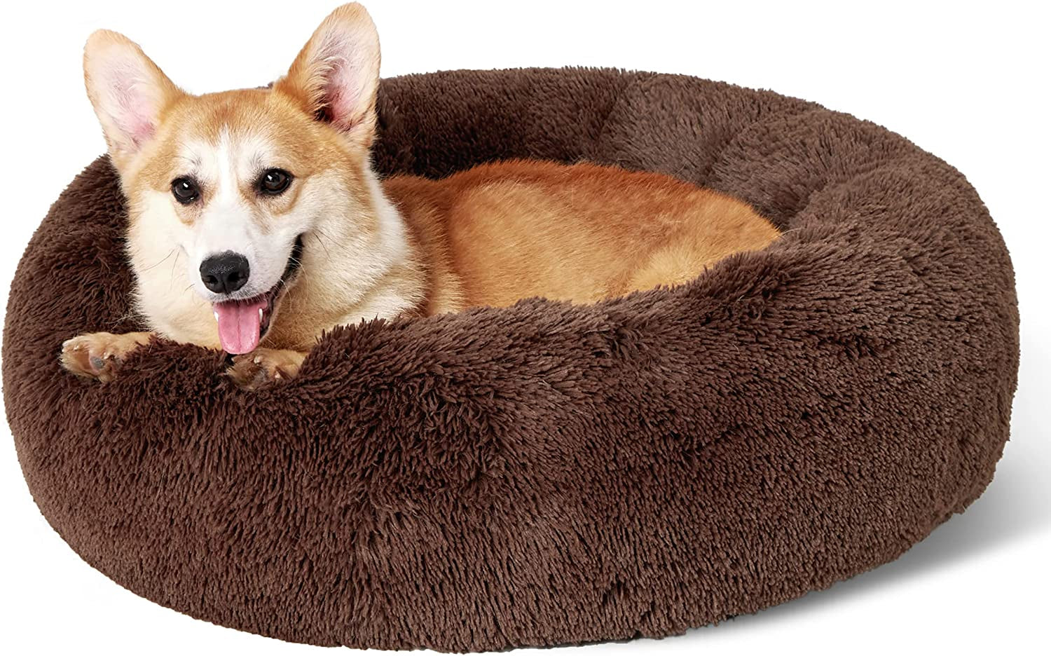 Bedsure Calming Dog Bed for Medium Dogs - Donut Washable Medium Pet Bed, 30 Inches Anti-Slip round Fluffy Plush Faux Fur Cat Bed, Fits up to 45 Lbs Pets, Coffee