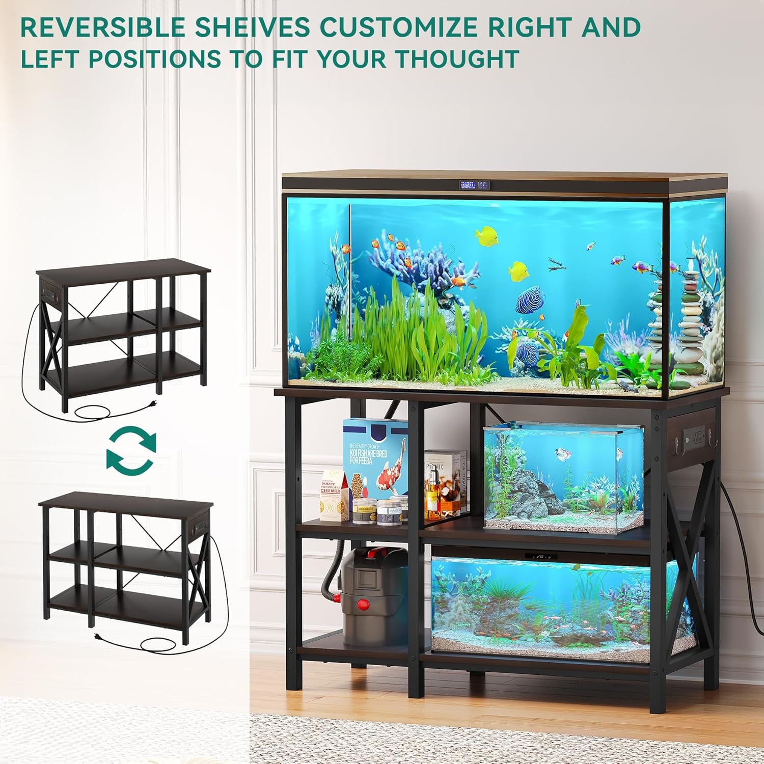 YITAHOME 40-50 Gallon Fish Tank Stand with Power Outlet, 40x18 Inch Metal Aquarium Stand with 3-Tier Adjustable Storage Shelves and Hooks, 700LBS Capacity, Black