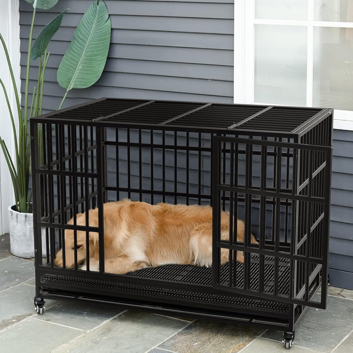 LEMBERI 48/38 Inch Heavy Duty Indestructible Dog Crate, Escape Proof Dog Cage Kennel with Lockable Wheels,High Anxiety Double Door Dog Crate,Extra Large Crate Indoor for Large Dog with Removable Tray