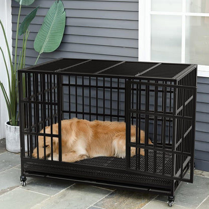 LEMBERI 48/38 Inch Heavy Duty Indestructible Dog Crate, Escape Proof Dog Cage Kennel with Lockable Wheels,High Anxiety Double Door Dog Crate,Extra Large Crate Indoor for Large Dog with Removable Tray