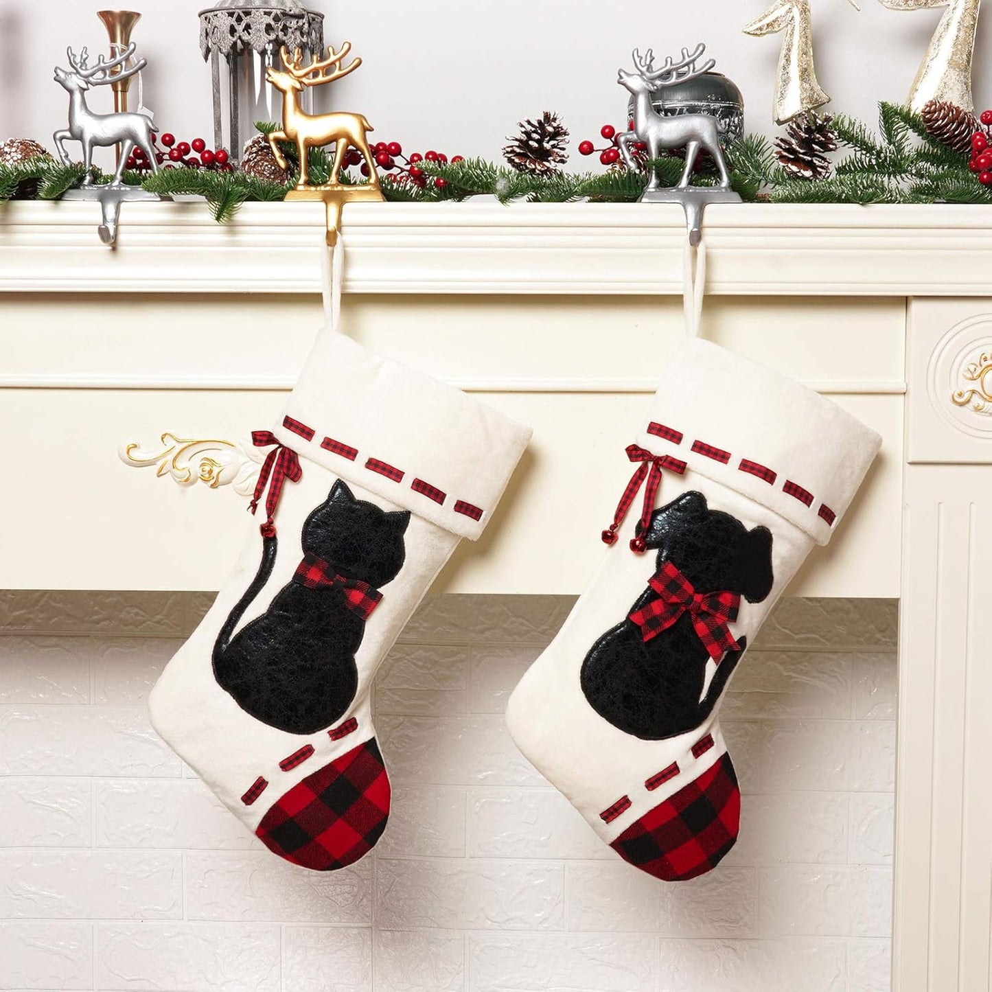 Cat Christmas Stocking 19’’ Xmas Pet Hanging Stockings with 3D Black Leather Cat Pattern Oversize Handmade Xmas Fireplace Hanging Stockings Decorations for Family Holiday Season Party Decor Pets Gifts