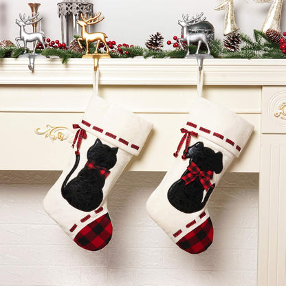 Cat Christmas Stocking 19’’ Xmas Pet Hanging Stockings with 3D Black Leather Cat Pattern Oversize Handmade Xmas Fireplace Hanging Stockings Decorations for Family Holiday Season Party Decor Pets Gifts