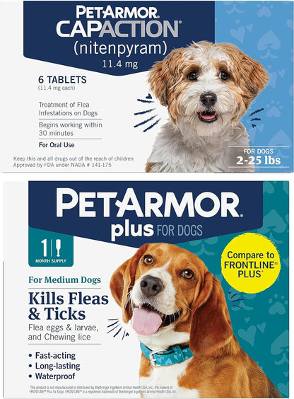 Petarmor CAPACTION Oral Flea Treatment for Dogs (6 Doses) + Bonus Petarmor plus Topical Flea & Tick Treatment & Preventative for Dogs 23-25 Lbs (1 Dose)