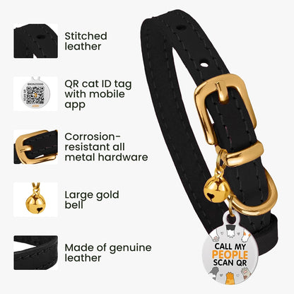 BRONZEDOG Leather Cat Collar with Bell Non Breakaway Kitten QR Tag for Girl Boy (7" - 9" for Cats, Black & Silver)