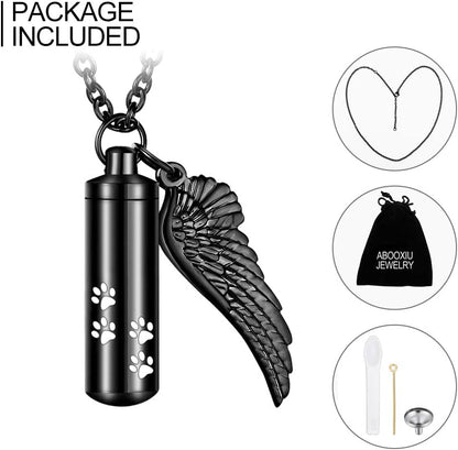 Abooxiu Cylinder Cremation Necklace for Pet Ashes Urn Necklace with Angel Wing Pet Paw Ashes Necklace for Dog/Cat Pet Memorial Keepsake Jewelry