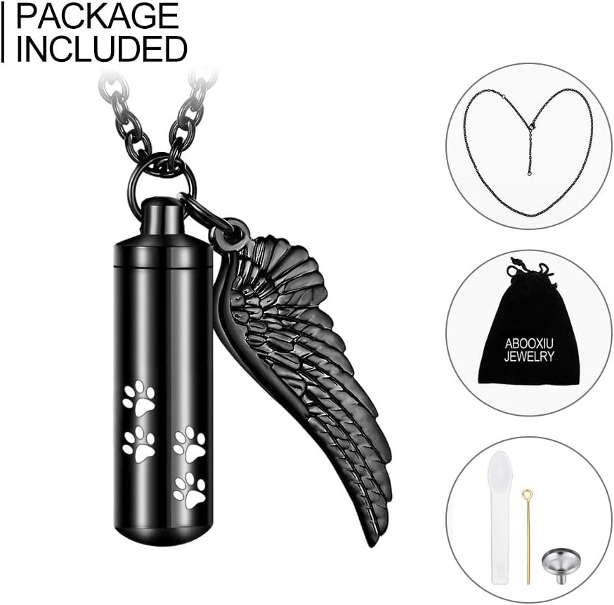 Abooxiu Cylinder Cremation Necklace for Pet Ashes Urn Necklace for Ashes with Angel Wing Pet Paw Ashes Necklace for Dog/Cat Pet Memorial Keepsake Jewelry