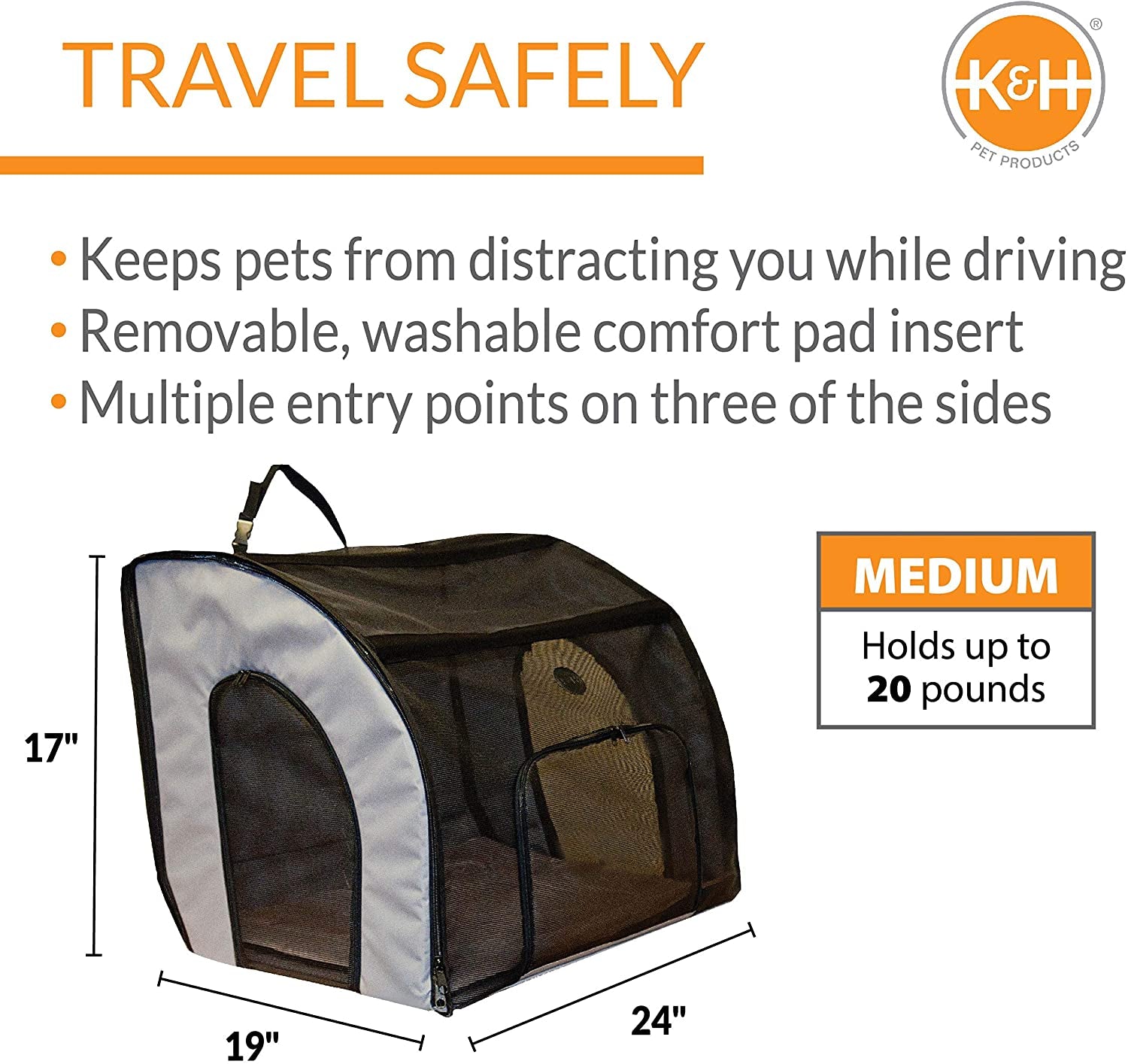 K&H Pet Products Travel Safety Carrier for Pets, Dog Crate for Car Travel, Dog Soft-Sided Carrier for Medium Dogs, Portable Car Seat Kennel, Gray/Black Medium 24 X 19 X 17 Inches