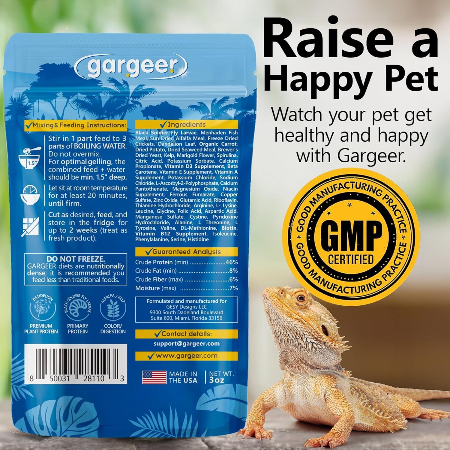 3oz Bearded Dragon Food. Complete Gel Diet for Both Juveniles and Adults. Proudly Made in The USA, Using Premium Ingredients, Fortified Gourmet Formula. Enjoy!