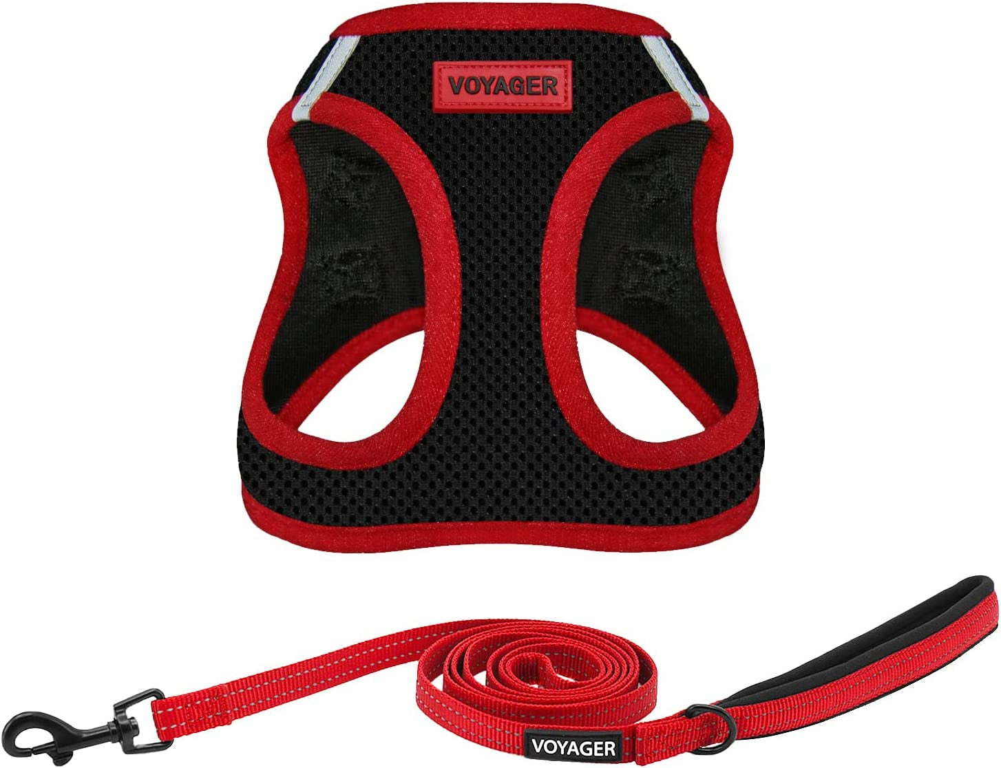 Voyager Step-In Air All Weather Mesh Harness and Reflective Dog 5 Ft Leash Combo with Neoprene Handle, for Small, Medium and Large Breed Puppies by Best Pet Supplies - Red Trim, M