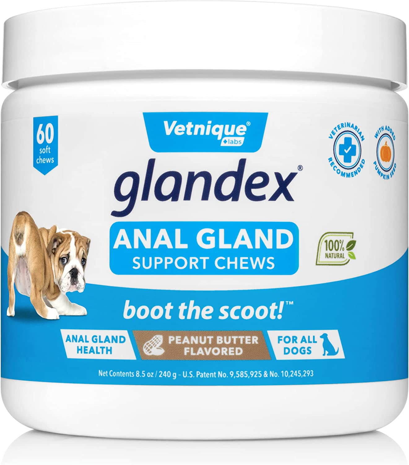 Glandex Anal Gland Soft Chew Treats with Pumpkin for Dogs Digestive Enzymes, Probiotics Fiber Supplement for Dogs Boot the Scoot (Peanut Butter Chews, 120Ct)