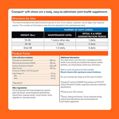 Cosequin Senior Joint Health Supplement for Senior Dogs - with Glucosamine, Chondroitin, Omega-3 for Skin and Coat Health and Beta Glucans for Immune Support, 60 Soft Chews