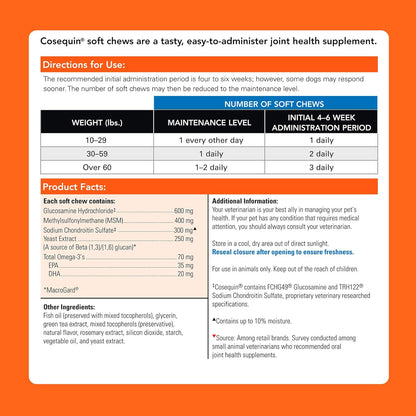 Cosequin Nutramax Senior Joint Health Supplement for Senior Dogs - with Glucosamine, Chondroitin, Omega-3 for Skin and Coat Health and Beta Glucans for Immune Support, 120 Soft Chews