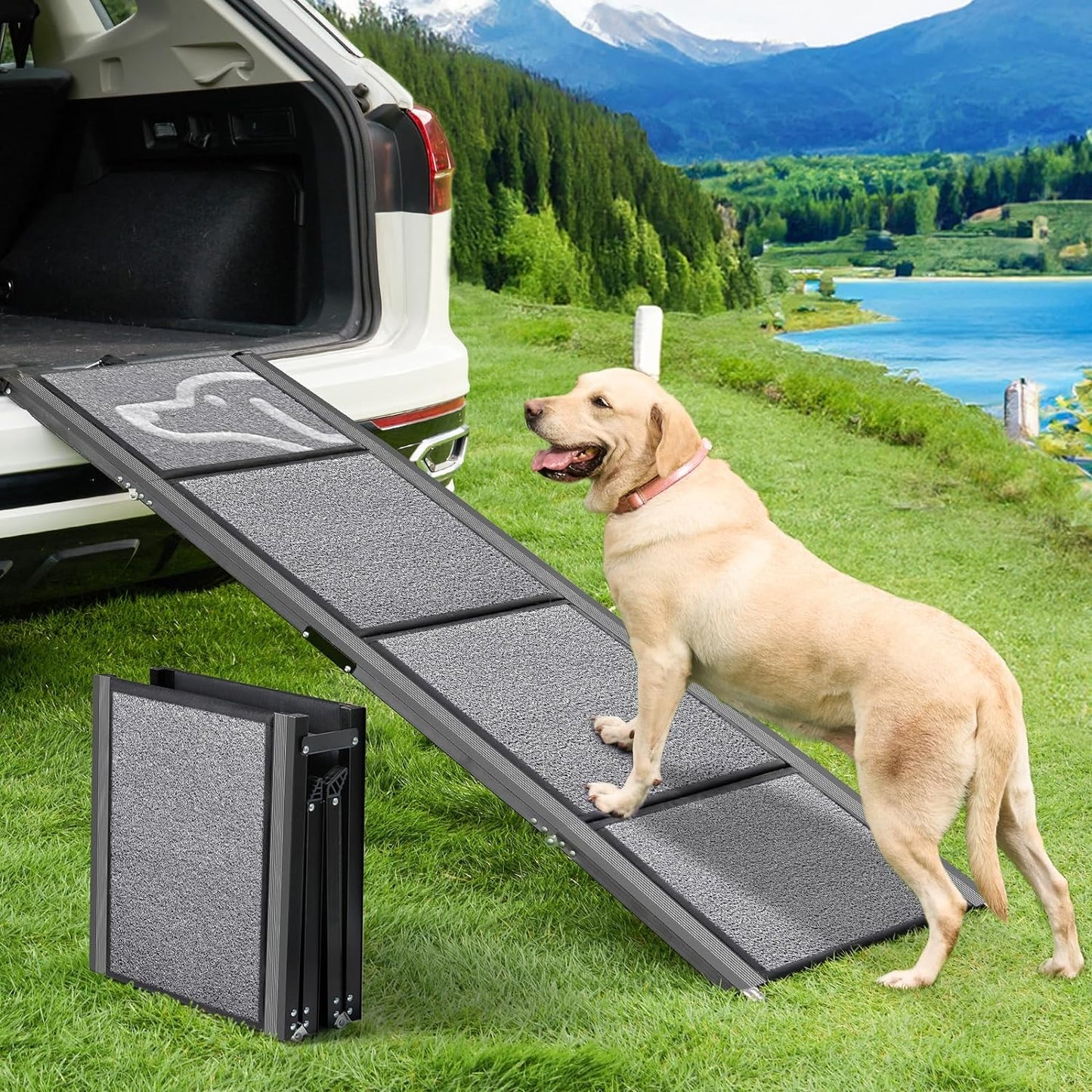 Dog Ramp for Car -Petthem Folding Pet Steps for Medium & Large Dogs, 63" Long & 17" Extra Wide Dog Car Ramp up to 250LBS Enter a Car SUV & Truck, Portable Pet Stair Ramp with Non-Slip Rug Surface