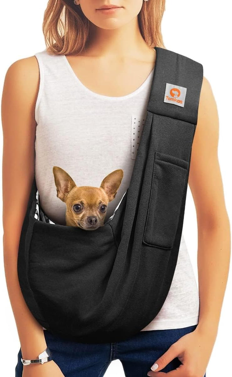 Tomkas Dog Sling Carrier for Small Dogs Puppy (Black, Unajustable Strap & Classic Pocket)