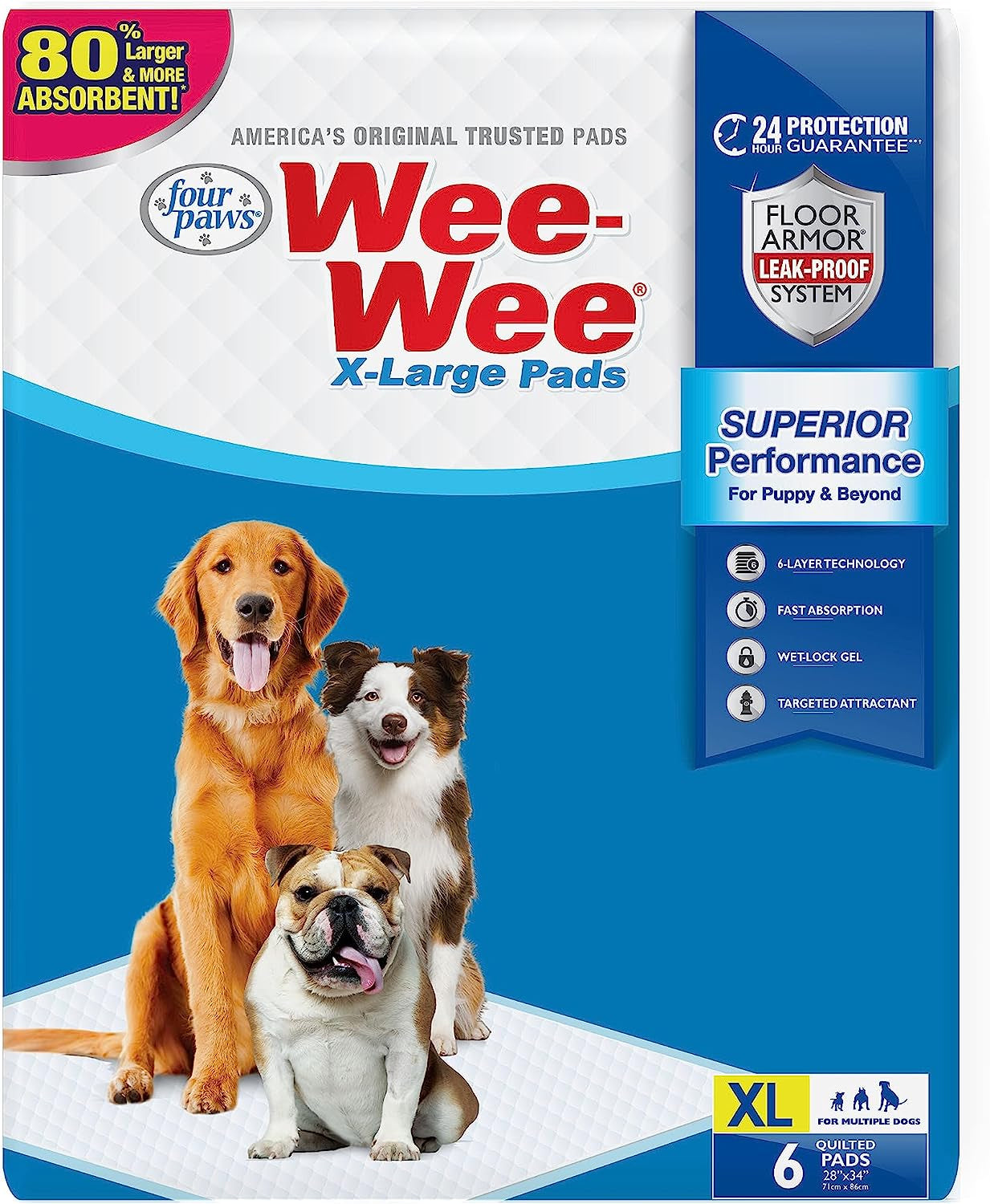 Four Paws Wee-Wee Superior Performance X-Large Dog Pee Pads - Dog & Puppy Pads for Potty Training - Dog Housebreaking & Puppy Supplies - 28" X 34" (6 Count)