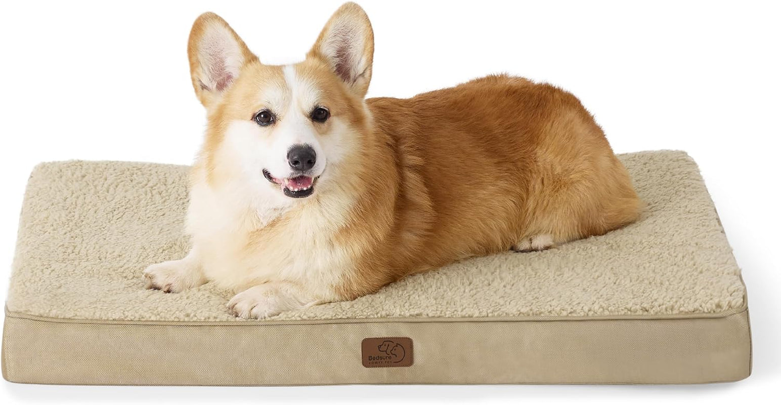 Bedsure Large Dog Crate Bed - Big Orthopedic Waterproof Dog Beds with Removable Washable Cover for Large Dogs, Egg Crate Foam Pet Bed Matkhaki