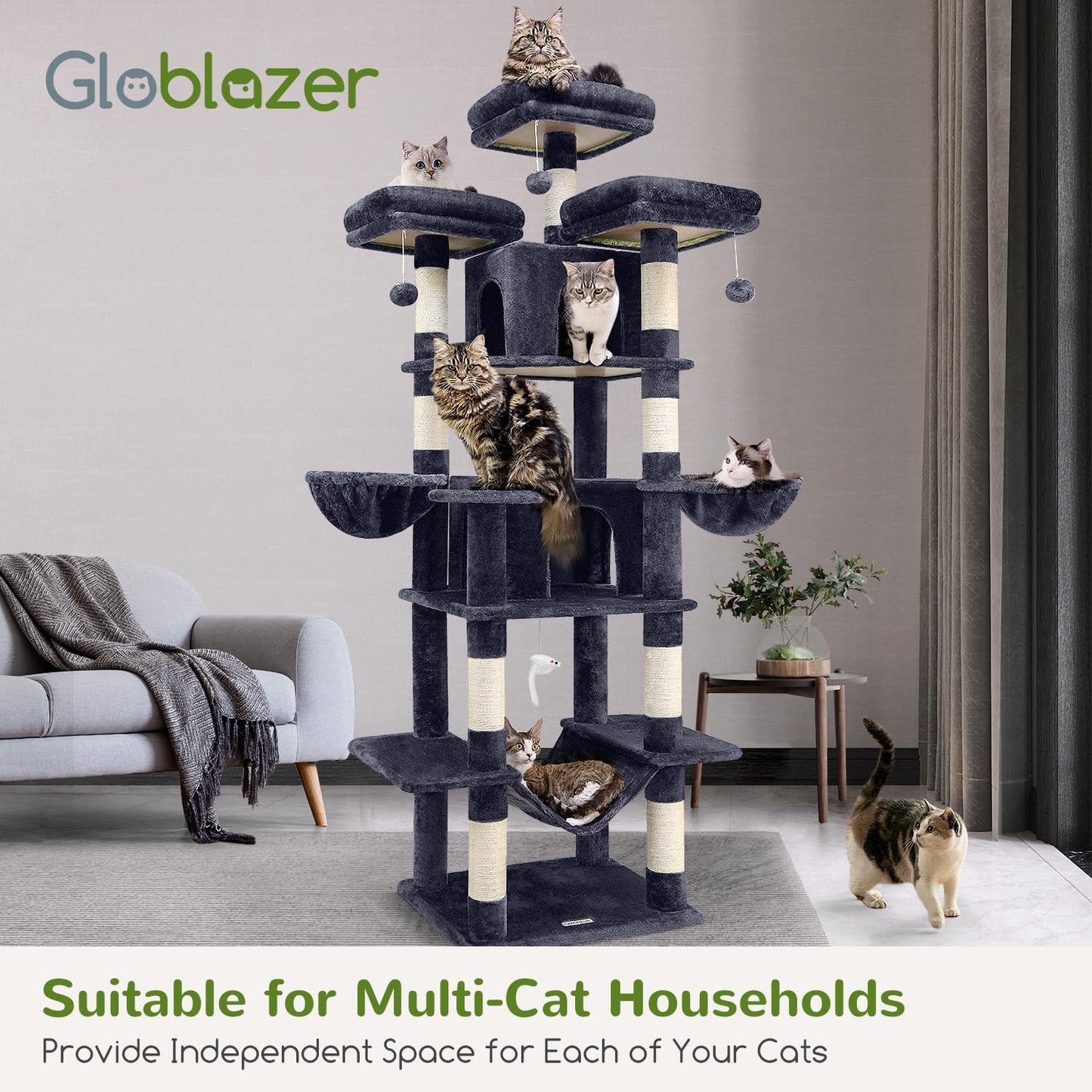 F80 Big Cat Tree, 80Inch Cat Tower for Indoor Cats Multiple Adult Cats XXL Cat Tree Large Cat Tower with Scratching Post, Hammock, 3 Perches, 2 Condos, 2 Hanging Basket, Dark Grey