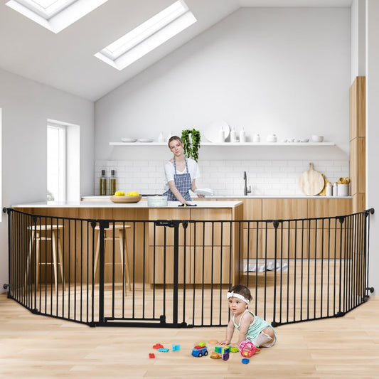 COMOMY 150" Extra Wide Baby Gate with Door, Dog Gates for the House Doorways Fireplace, Auto Close Baby Fence Play Area, Walk through Pet Gate, Hardware Mounted Baby Gate, 6-Panels (30" Tall, Black)