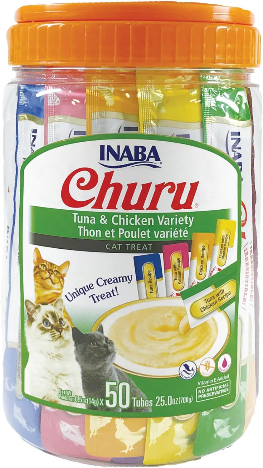 INABA Churu Cat Treats, Grain-Free, Lickable, Squeezable Creamy Purée Cat Treat/Topper with Vitamin E & Taurine, 0.5 Ounces Each Tube, 24 Tubes (4 per Pack), Tuna Recipe