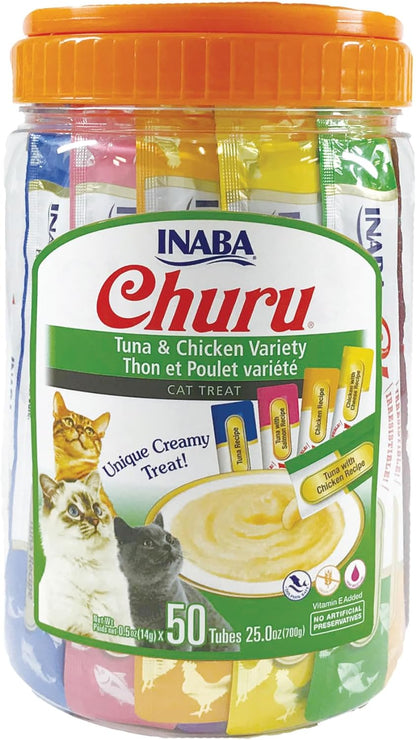 INABA Churu Cat Treats, Grain-Free, Lickable, Squeezable Creamy Purée Cat Treat/Topper with Vitamin E & Taurine, 0.5 Ounces Each Tube, 24 Tubes (4 per Pack), Chicken with Beef Recipe