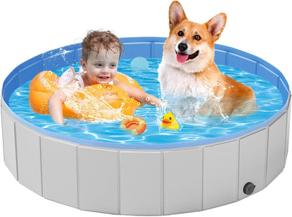 Portable Dog Pool PVC Pet Swimming Pool Bathtub Collapsible Dog Pool, Hard Plastic Pool for Pets to Swim and Bath (L-47"X 12" Light Grey)