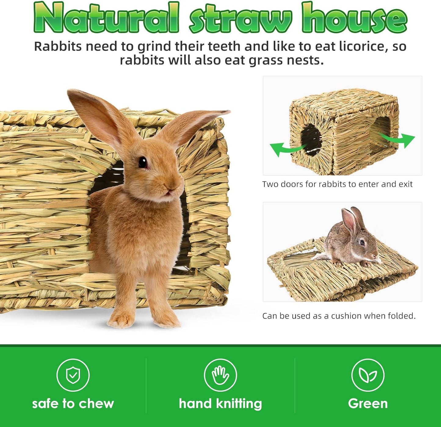 Bunny Grass House-Hand Made Edible Natural Grass Hideaway Comfortable Playhouse for Rabbits, Guinea Pigs and Small Animals to Play,Sleep and Eat