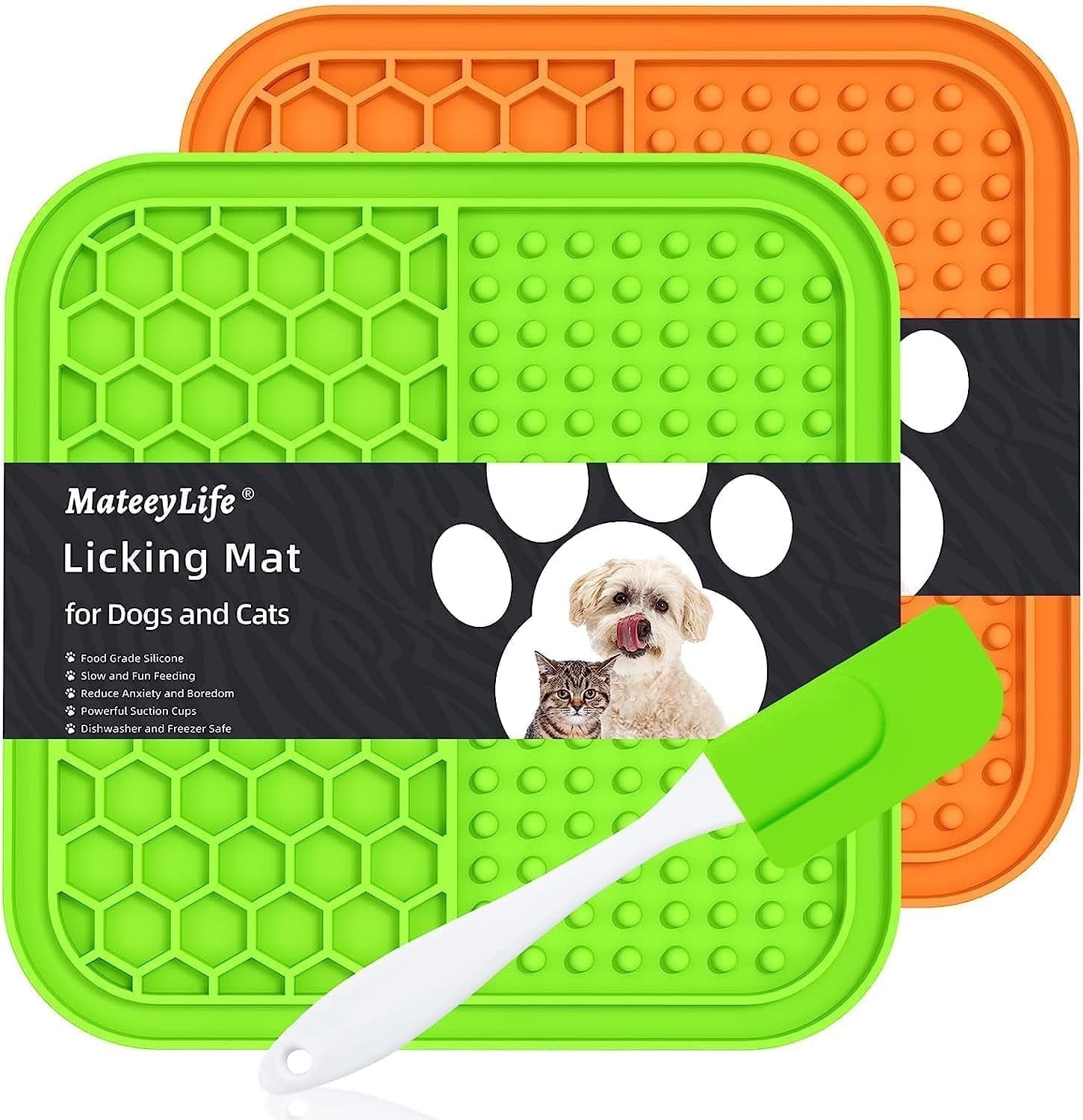 Mateeylife 2PCS Small Lick Mat for Dogs and Cats, Licking Mats for Dog Anxiety Relief, Cat Peanut Butter Lick Pad for Boredom Reducer, Dog Treat Mat Perfect for Bathing Grooming Green&Orange