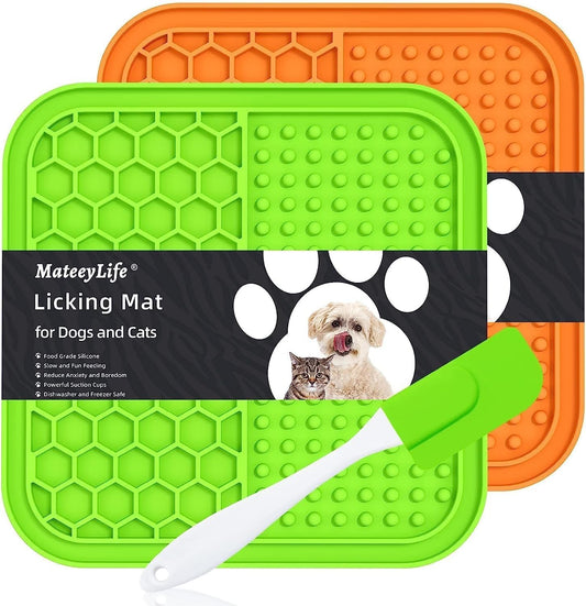 Mateeylife 2PCS Small Lick Mat for Dogs and Cats, Licking Mats for Dog Anxiety Relief, Cat Peanut Butter Lick Pad for Boredom Reducer, Dog Treat Mat Perfect for Bathing Grooming Green&Orange