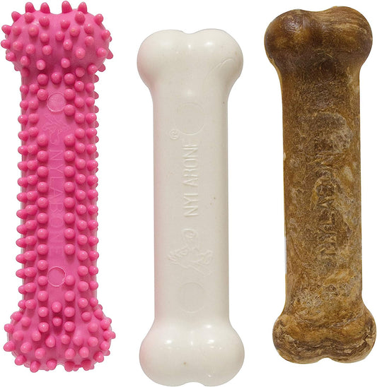 Nylabone Puppy Triple Pack - Pink Puppy Teething Toy, Nylon Dog Toy, & Chew Treat Variety Pack - Puppy Supplies - Chicken and Bacon Flavors, Small/Regular (3 Count)