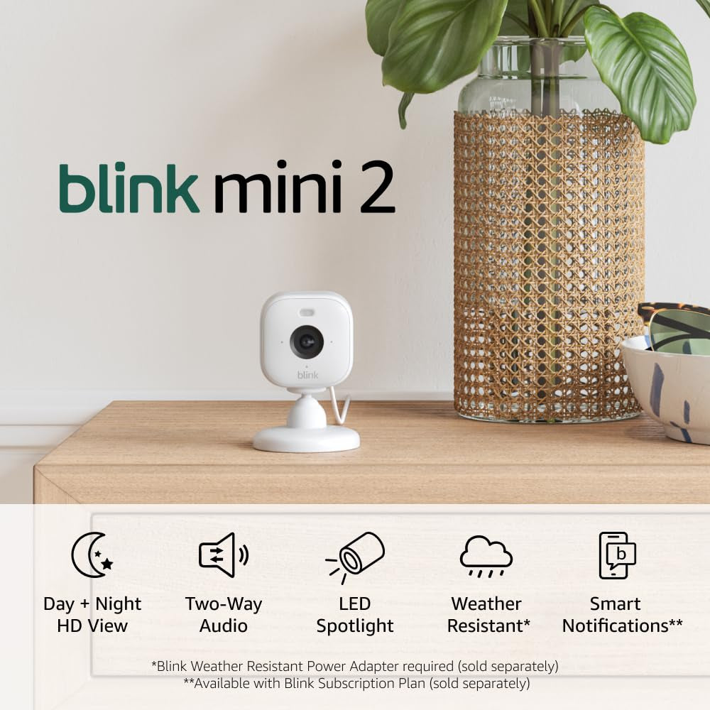 Blink Mini 2 (newest model), Plug-in smart security camera, HD night view in color, built-in spotlight, two-way audio, motion detection, Works with Alexa (White)