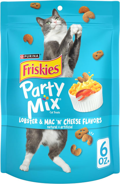 Purina Friskies Cat Treats, Party Mix Lobster & Mac 'N' Cheese Flavors - (Pack of 6) 6 Oz. Pouches