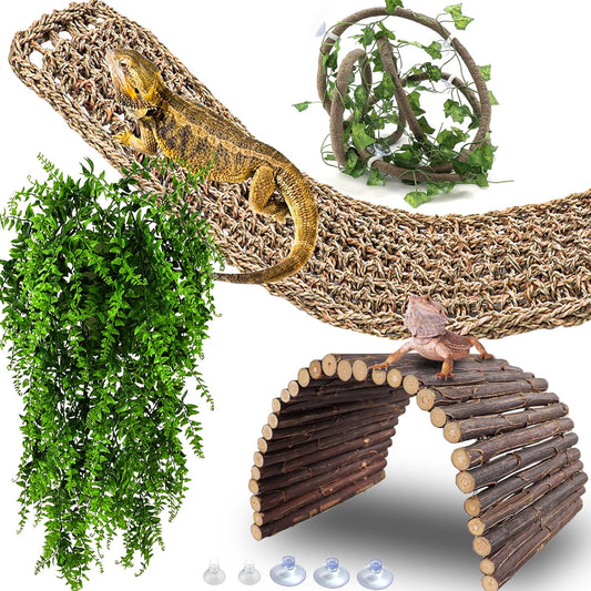 HERCOCCI Bearded Dragon Tank Accessories, Large Reptile Bridge Hammock Flexible - Jungle Climbing Vines and Leaves with Suction Cups Habitat Décor for Hiding& Climbing Snake Gecko Lizard Chameleon