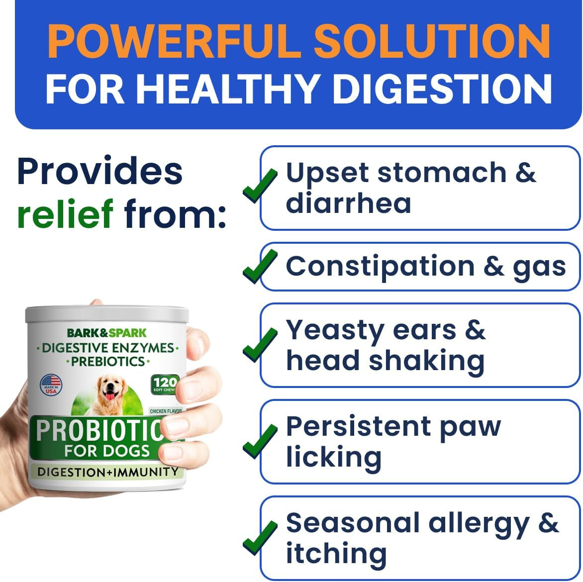 Bark&Spark Dog Probiotics & Digestive Enzymes (Gut Health) Allergy & Itchy Skin - Pet Diarrhea Gas Treatment Upset Stomach Relief, Digestion Health Prebiotic Supplement Tummy Treat (180Ct Chicken)