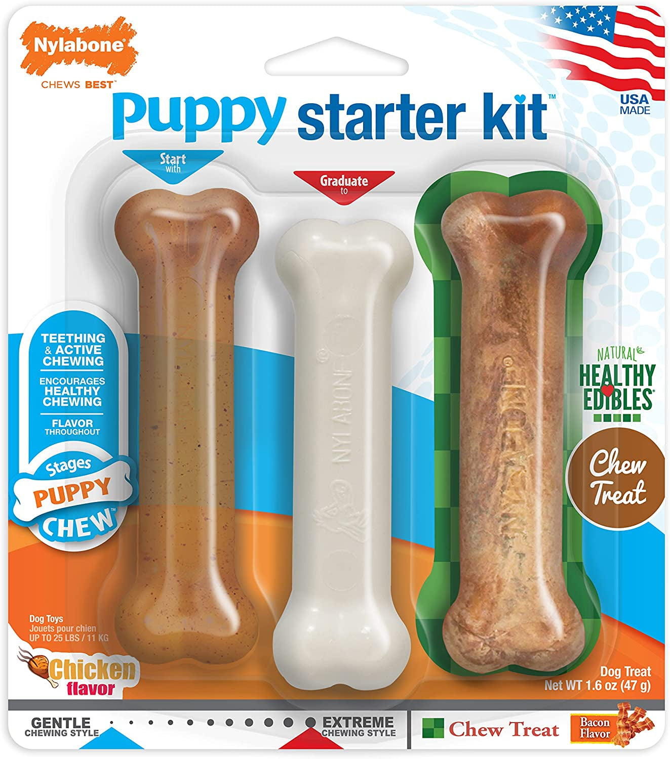 Nylabone Classic Puppy Chew Toy Twin Pack - Puppy Chew Toys for Teething - Puppy Supplies - Chicken & Peanut Butter Flavor, X-Small/Petite, 2 Count (Pack of 1)