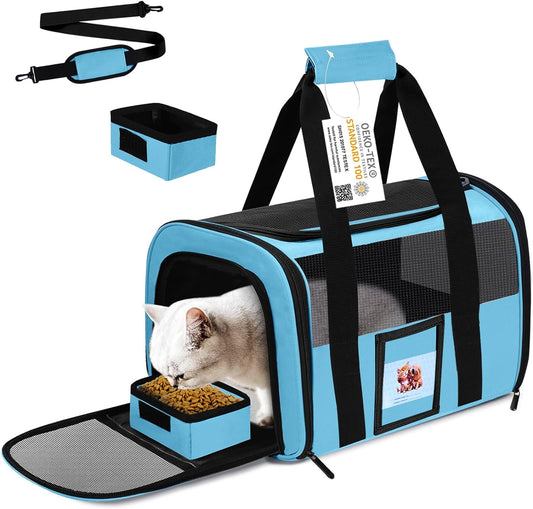 Cat Carrier, Dog Carrier, Pet Carrier Airline Approved for Cat, Small Dogs, Kitten, Cat Carriers for Small Medium Cats under 15Lb, Collapsible Soft Sided TSA Approved Cat Travel Carrier-Blue