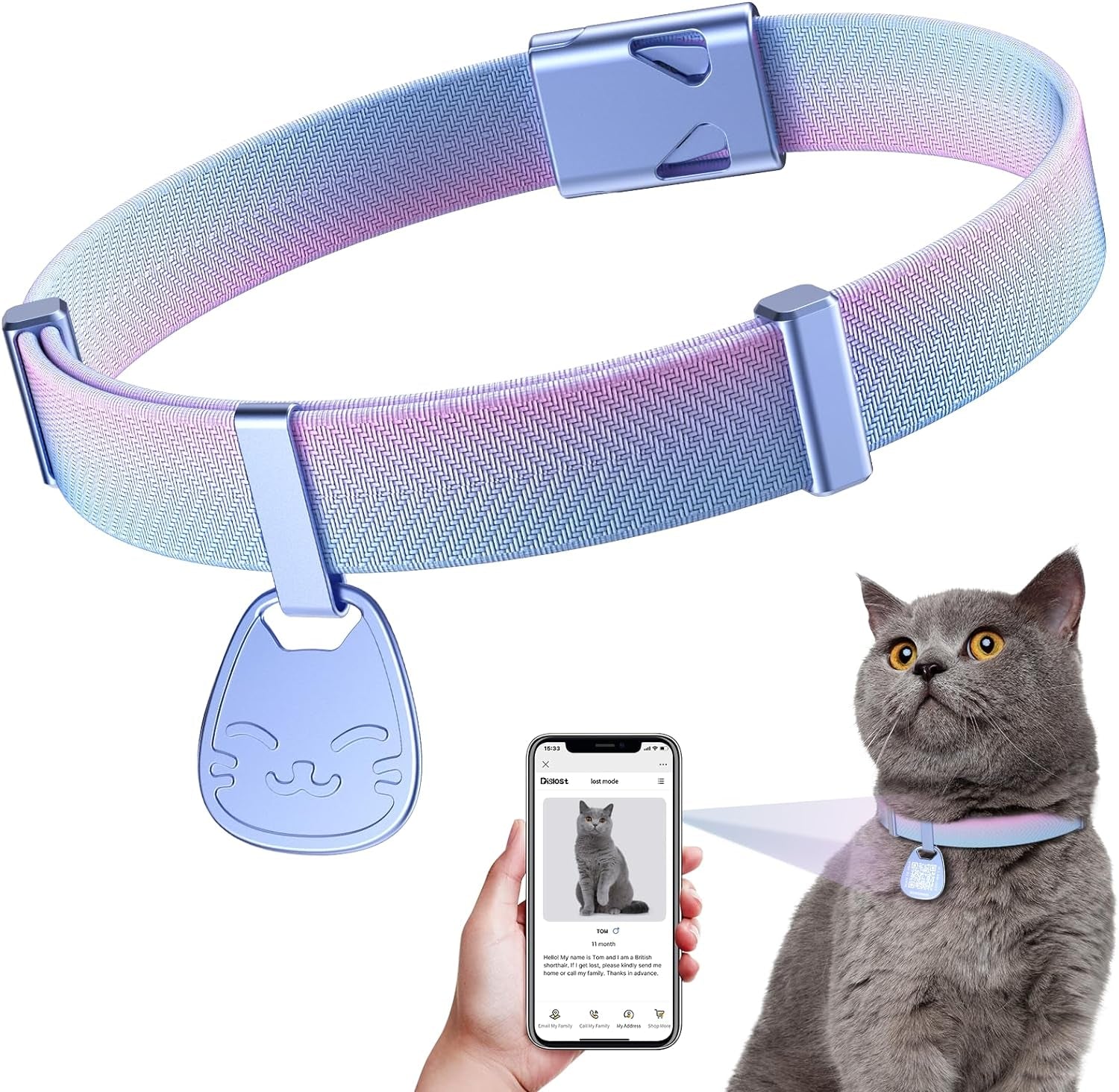 Cat Collar with Name Tag Breakaway: Kitten Collars with QR Code ID Tag for Girl Boy Cats, Ultra Soft & Elastic Adjustable (6"-12") Cat Collar with Break Away Safety Buckle, Iridescent