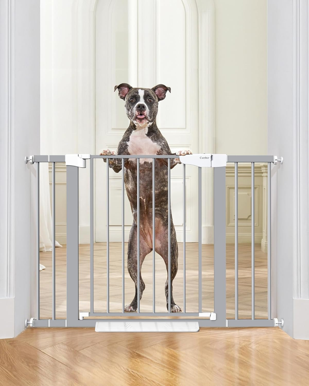 Cumbor 29.7-46" Baby Gate for Stairs, Mom'S Choice Awards Winner-Auto Close Dog Gate for the House, Easy Install Pressure Mounted Pet Gates for Doorways, Easy Walk Thru Wide Safety Gate for Dog, Gray