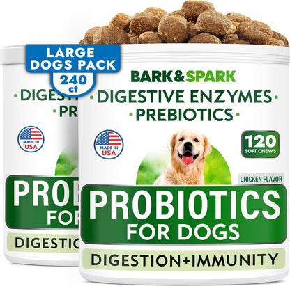 BARK&SPARK Dog Probiotics & Digestive Enzymes (Gut Health) Allergy & Itchy Skin - Pet Diarrhea Gas Treatment Upset Stomach Relief, Digestion Health Prebiotic Supplement Large Dog Treats (240Ct Bacon)