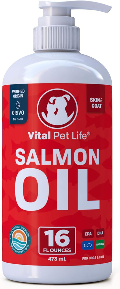 Salmon Oil for Dogs & Cats - Healthy Skin & Coat, Fish Oil, Omega 3 EPA DHA, Liquid Food Supplement for Pets, Supports Joint & Bone Health, Natural Allergy & Inflammation Defense, 16 Oz