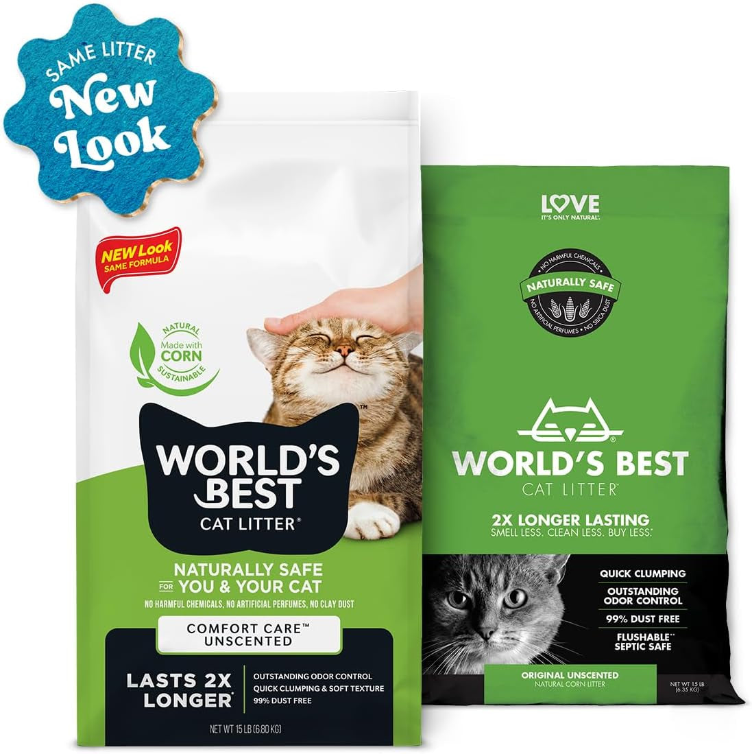 WORLD'S BEST CAT LITTER Comfort Care Unscented 15-Pounds - Natural Ingredients, Quick Clumping, Flushable, 99% Dust Free & Made in USA - Long-Lasting Odor Control & Easy Scooping