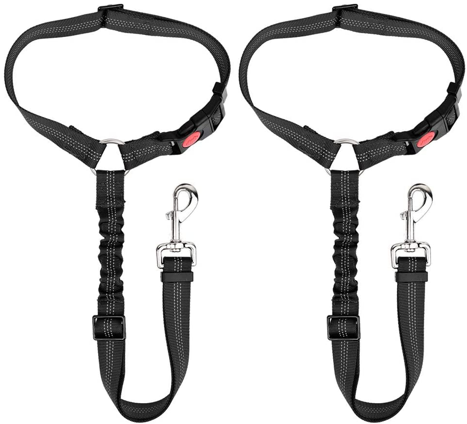 Slowton Dog Seat Belt for Car, 2 Pack Dog Car Harness Seatbelt Adjustable with Elastic Bungee Buffer, 2 in 1 Pet Car Leash Headrest Restraint Dog Reflective Safety Tether (Black, Headrest)