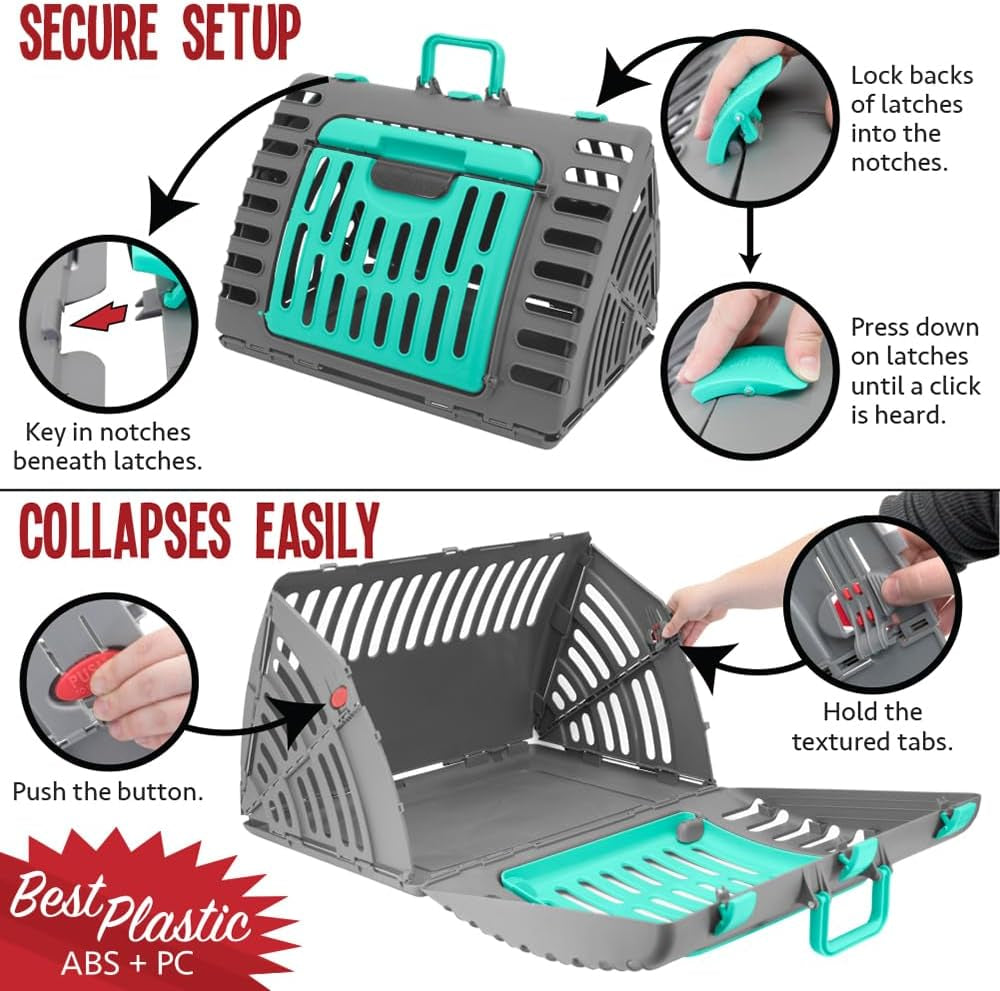 Sportpet Designs Foldable Travel Cat Carrier - Front Door Plastic Collapsible Carrier Collection, Waterproof Bed