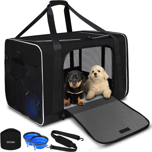 Pet Carrier 24"X17"X17" for Large Cats Dogs, Pet Carrier for 2 Cats or Medium Dog, Cat Soft Carrier for Car Travel and Hospital with 1 Box, 2 Bowls and Locking Safety Zipper(Black)