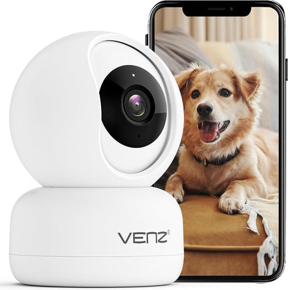 VENZ Indoor Security Camera, 1080P Pet Camera with Phone App, Ideal Indoor Camera for Baby Monitor/Dog Camera, 360° Pan/Tilt View Angel with 2 Way Audio, Cloud/Sd Card, 2.4Ghz Wifi Only