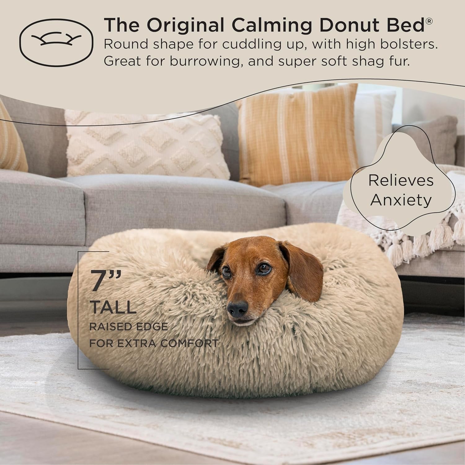 Best Friends by Sheri the Original Calming Donut Cat and Dog Bed in Shag Fur Taupe, Small 23"