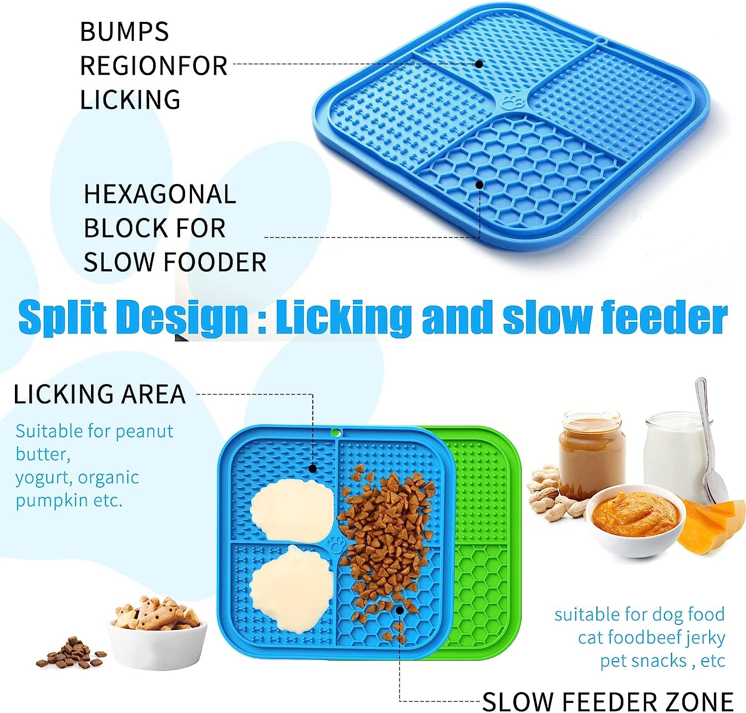 Dog Licking Mat Slow Feeder for Dogs, Premium Lick Pad with Suction Cups for Dog Anxiety Relief, Slow Feeder Dog Bowls, Bathing, Grooming and Training (Blue Mat)