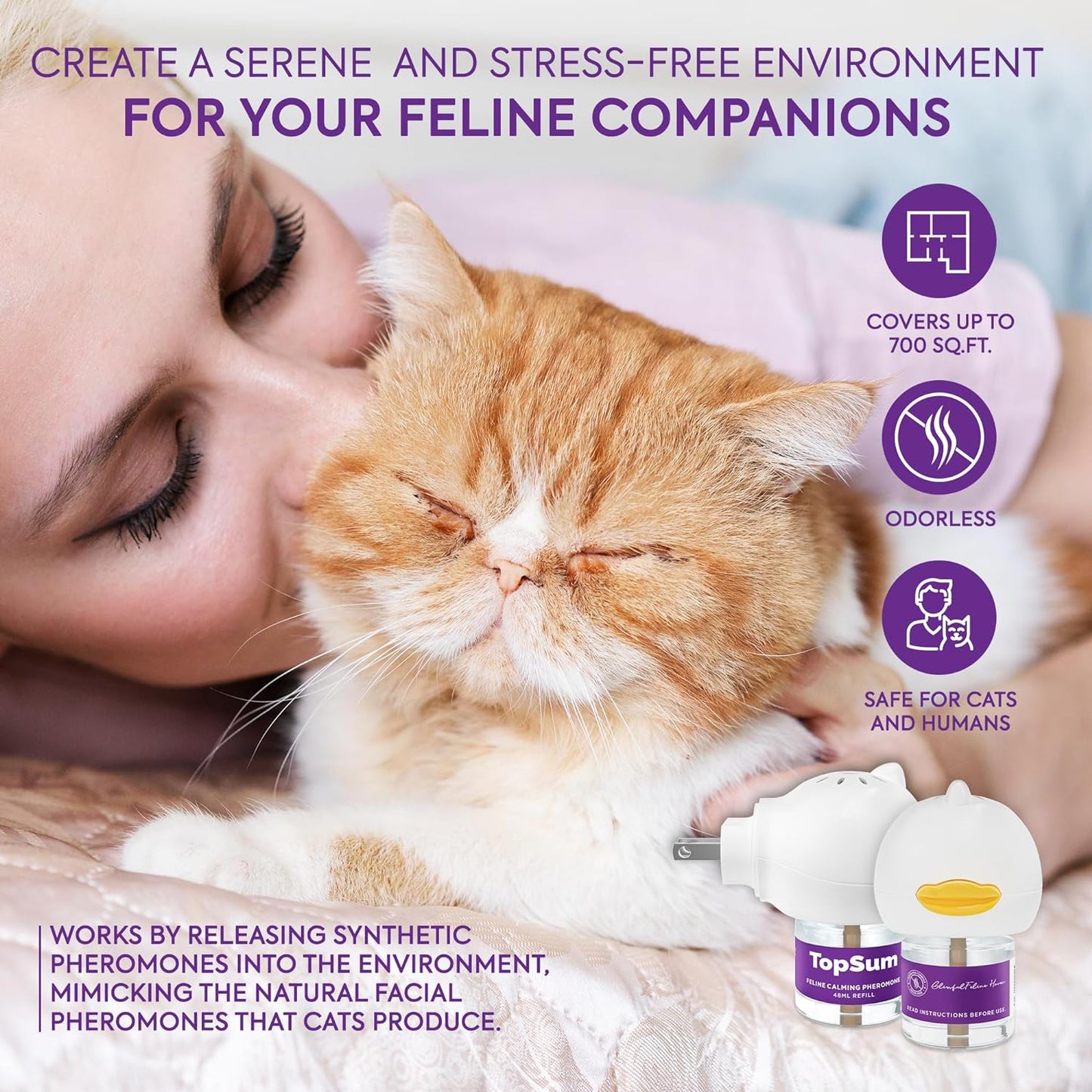 Cat Calming Diffuser Refills: 4 Pack Cat Pheromones Calming Diffuser Refill - Premium Cat Calming Diffuser Refill - Cat Pheromones for 4-Month Use, Cat Anxiety Relief, 4 Pack (Light Purple)